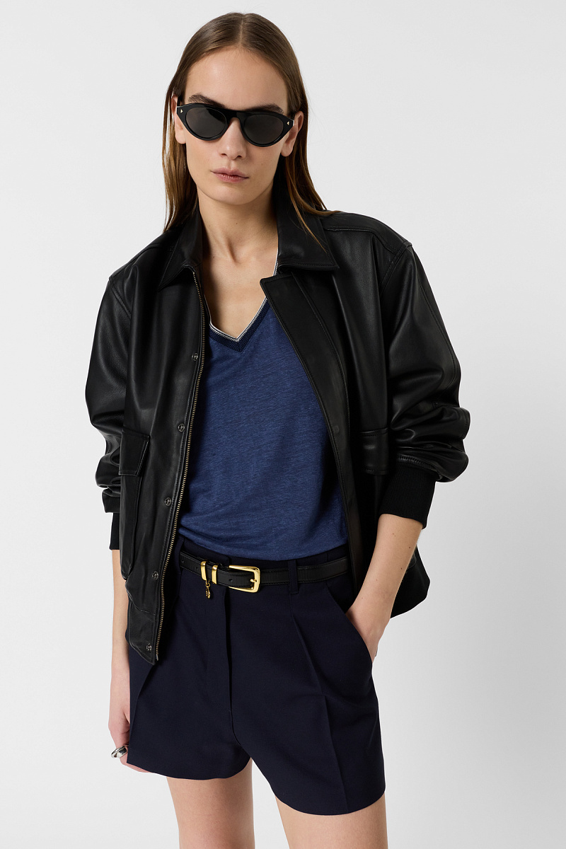 MIRANA - Синяя льняная футболка с V-образным вырезом