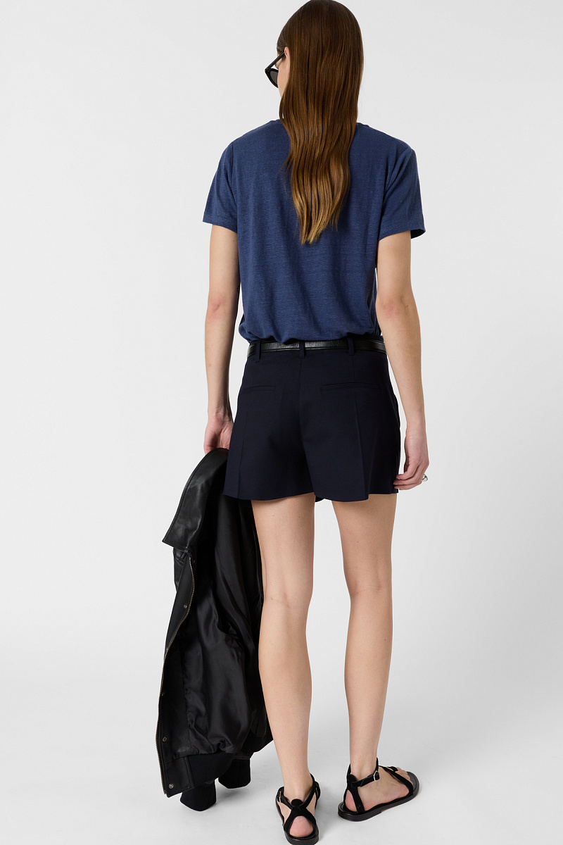 MIRANA - Синяя льняная футболка с V-образным вырезом