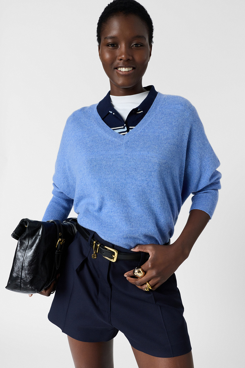 LENAE - Голубой оверсайз пуловер из кашемира с V-образным вырезом