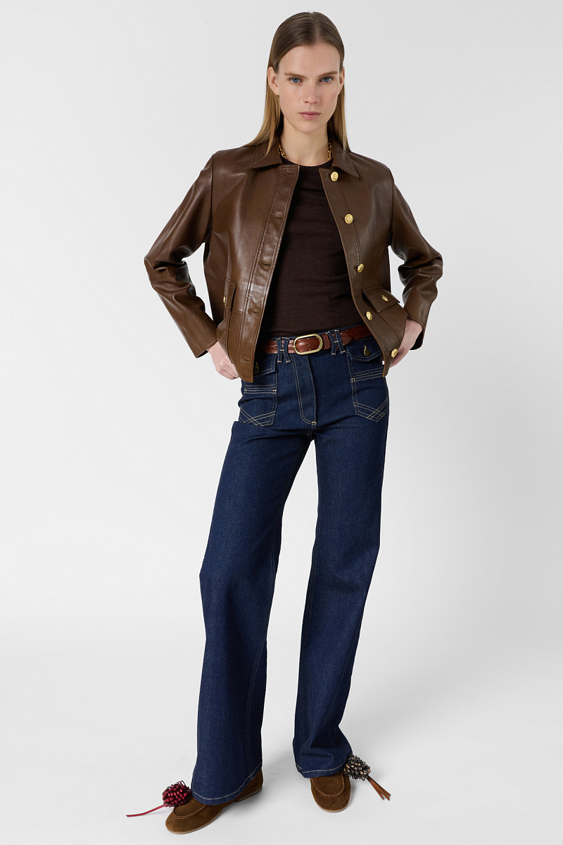 TINAYA - Кожаная куртка прямого кроя с золотистыми пуговицами в винтажном стиле