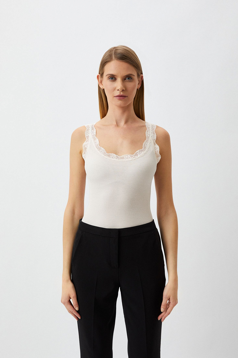 Шелковый топ с кружевом в рубчик