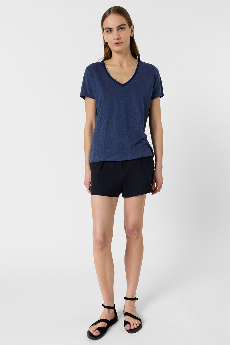 MIRANA - Синяя льняная футболка с V-образным вырезом