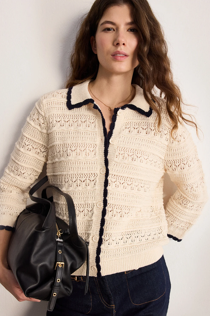 LYSA - Белый вязаный кардиган с контрастным воротником-поло