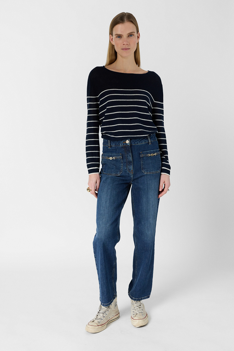 LEVIA - Синий джемпер из смесового льна свободного кроя