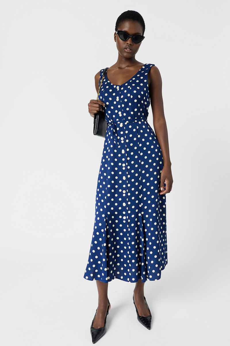 RAVITA - Платье-миди без рукавов в горошек в оттенке индиго