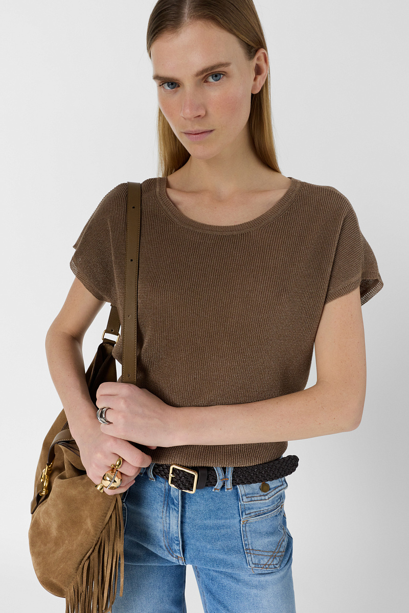 Коричневый джемпер с коротким рукавом  из трикотажа