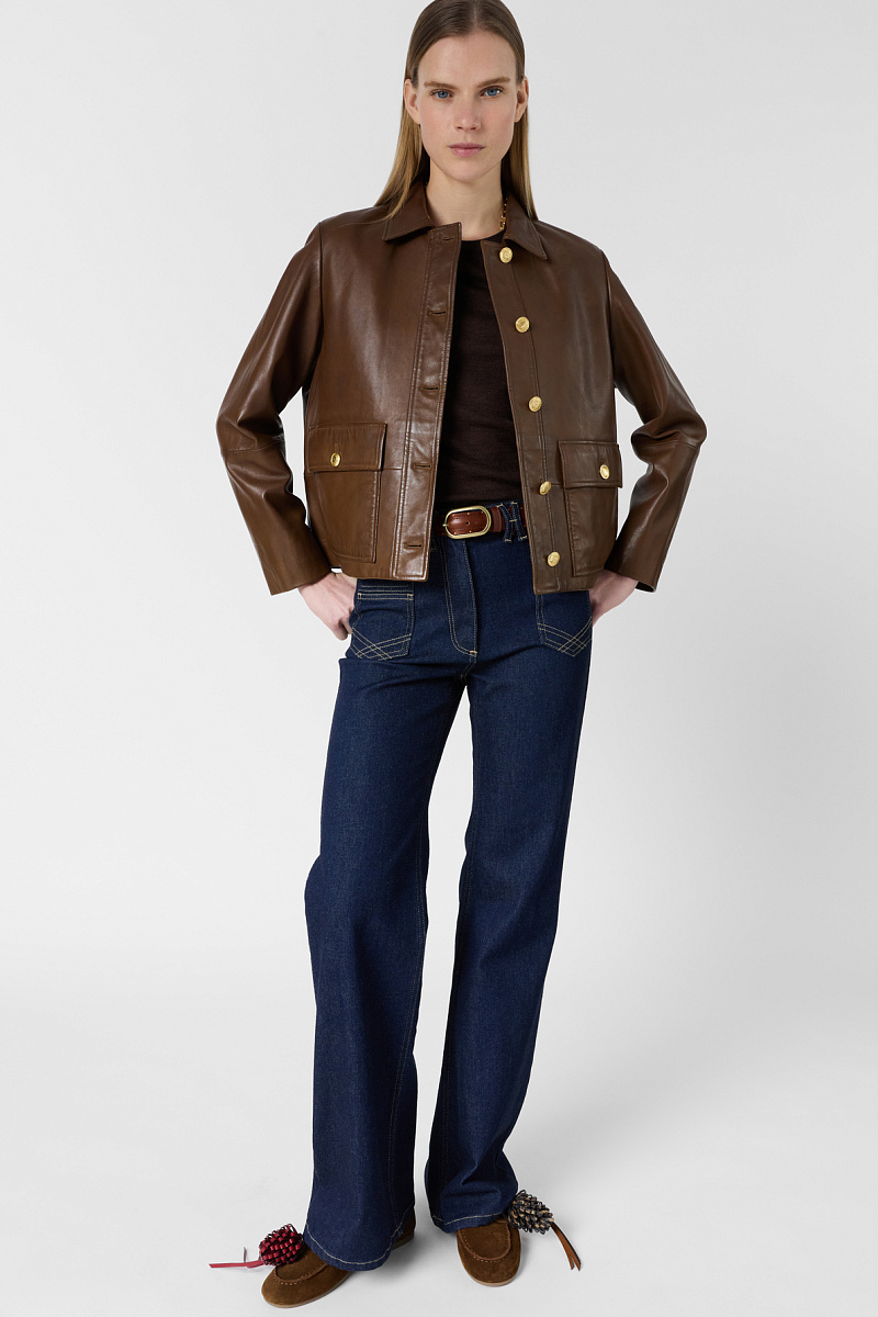 TINAYA - Кожаная куртка прямого кроя с золотистыми пуговицами в винтажном стиле