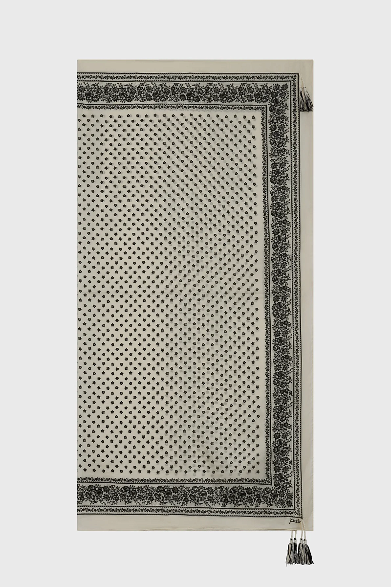 FATIHA - Шелковый платок с черно-белым цветочным принтом и кисточками