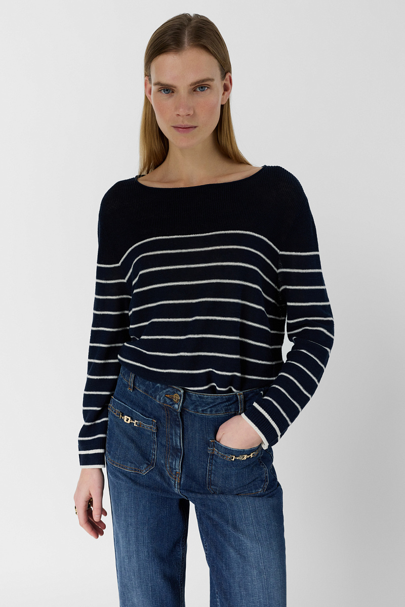 LEVIA - Синий джемпер из смесового льна свободного кроя