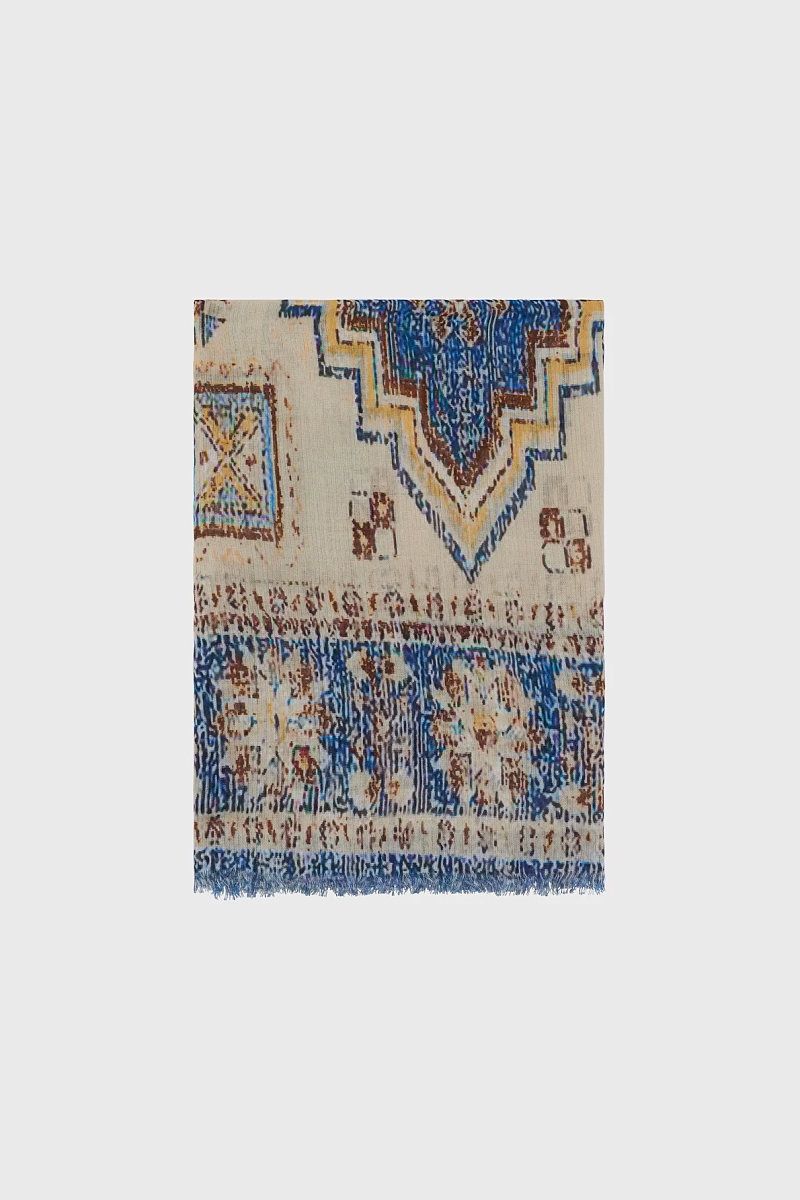 DARINA - Бежевый шарф из хлопка и модала с синим принтом