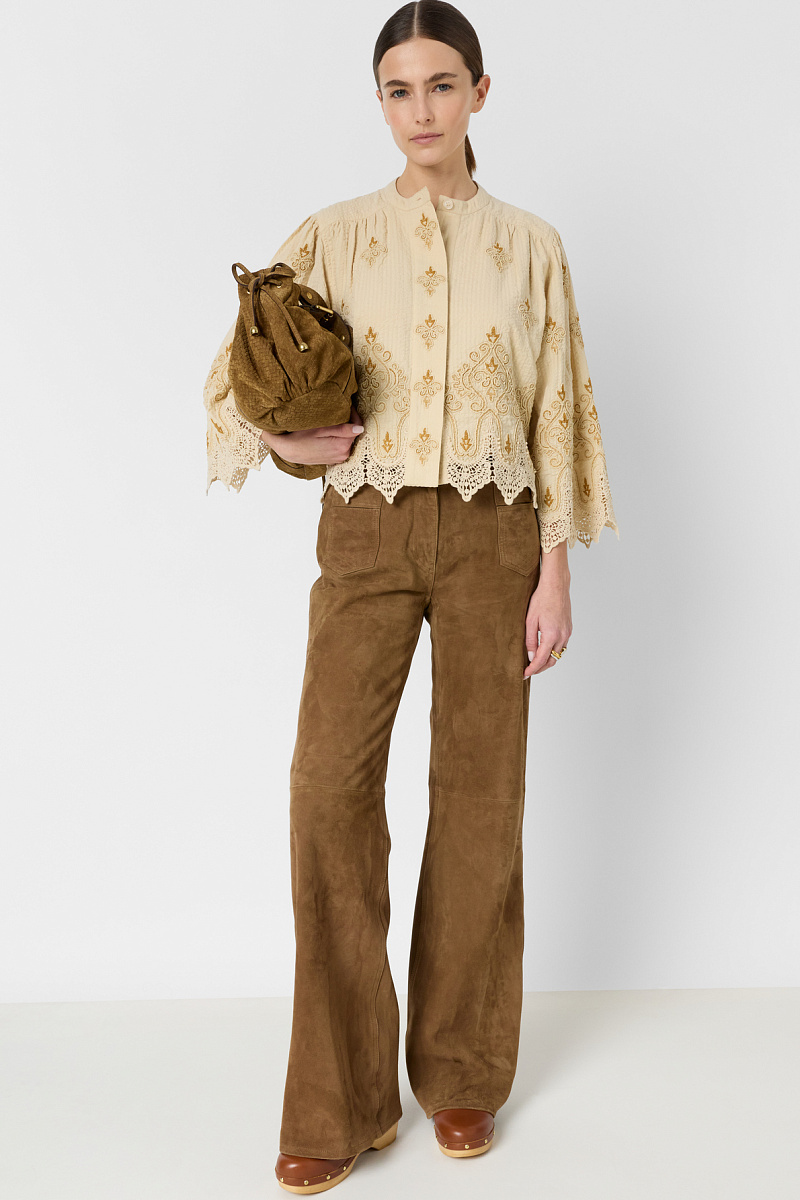 CLIANA - Бежевая рубашка с вышивкой и кружевом