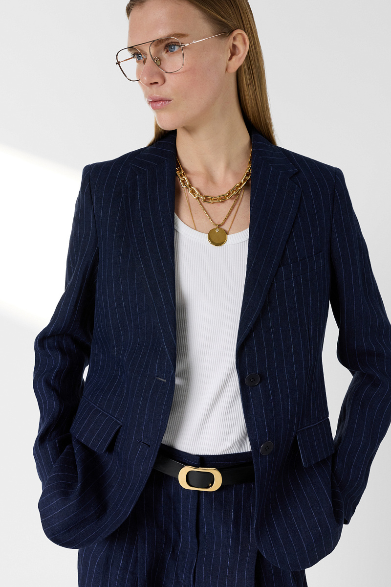 Темно-синий жакет из льна в тонкую вертикальную полоску