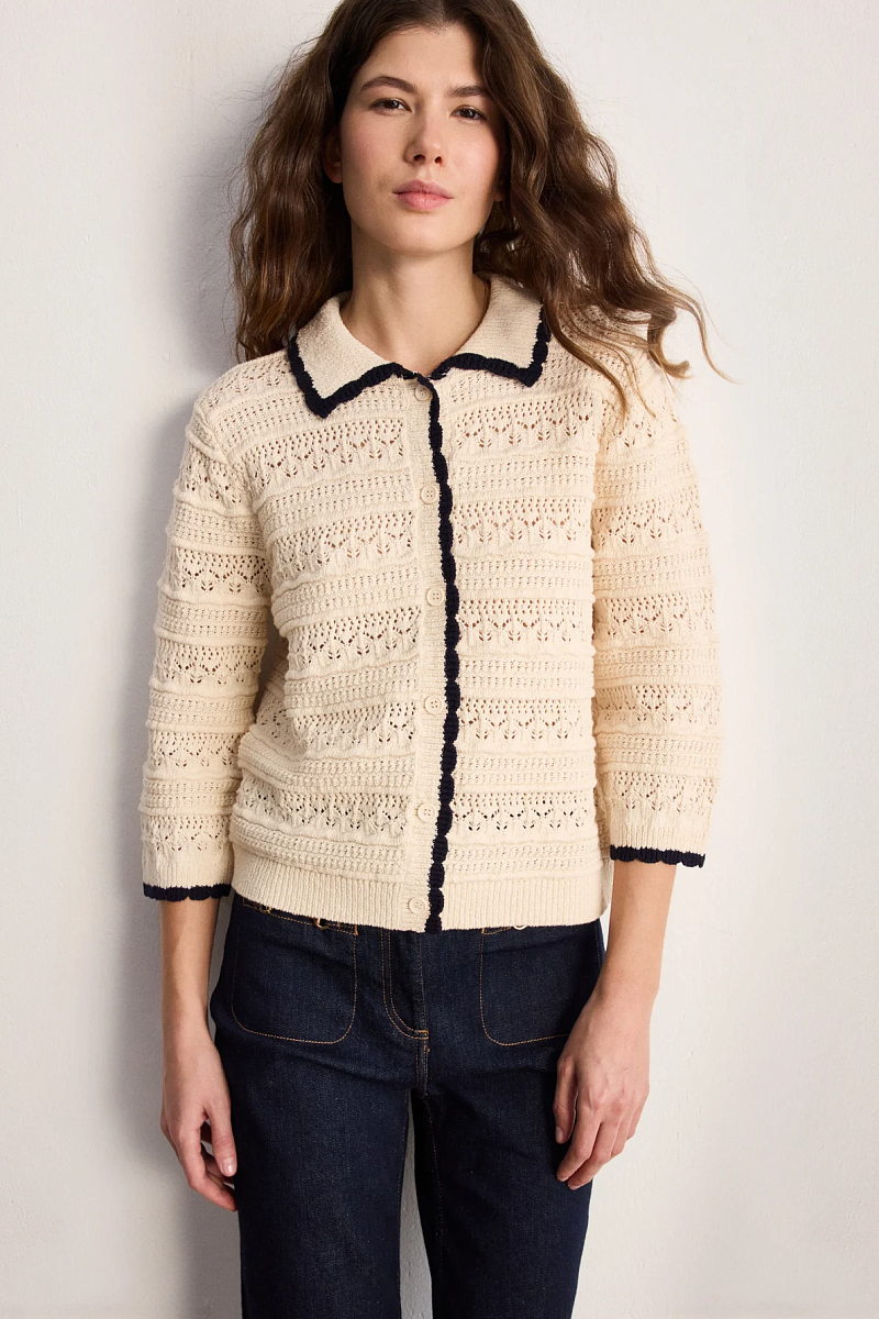 LYSA - Белый вязаный кардиган с контрастным воротником-поло