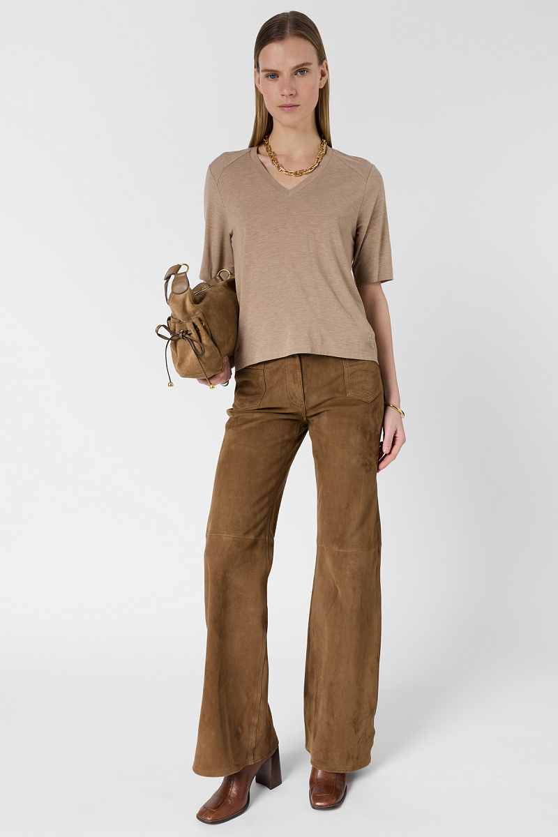 MALVINE - Бежевая свободная футболка с V-образным вырезом