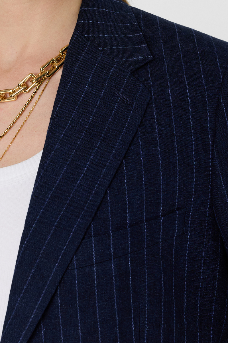 Темно-синий жакет из льна в тонкую вертикальную полоску