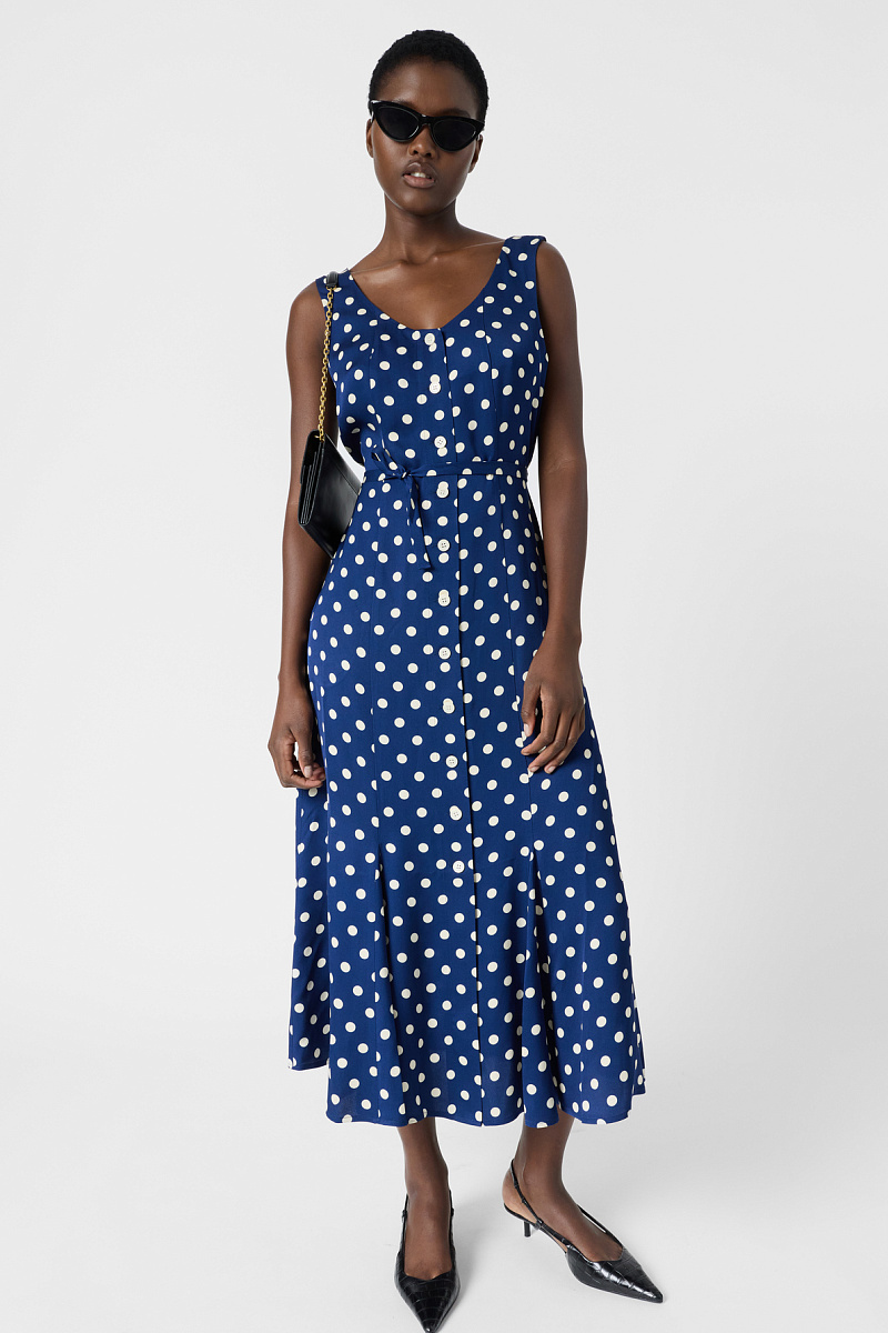 RAVITA - Платье-миди без рукавов в горошек в оттенке индиго