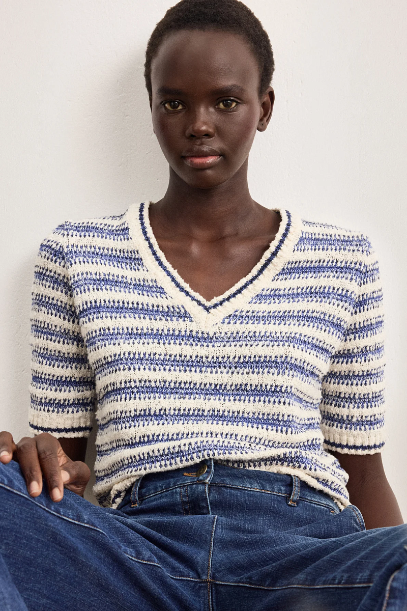 LEANE - Пуловер в полоску с V-образным вырезом и люрексом