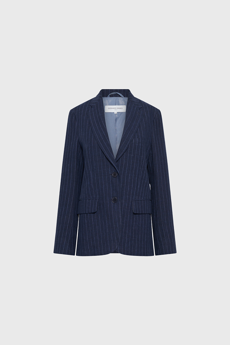 Темно-синий жакет из льна в тонкую вертикальную полоску