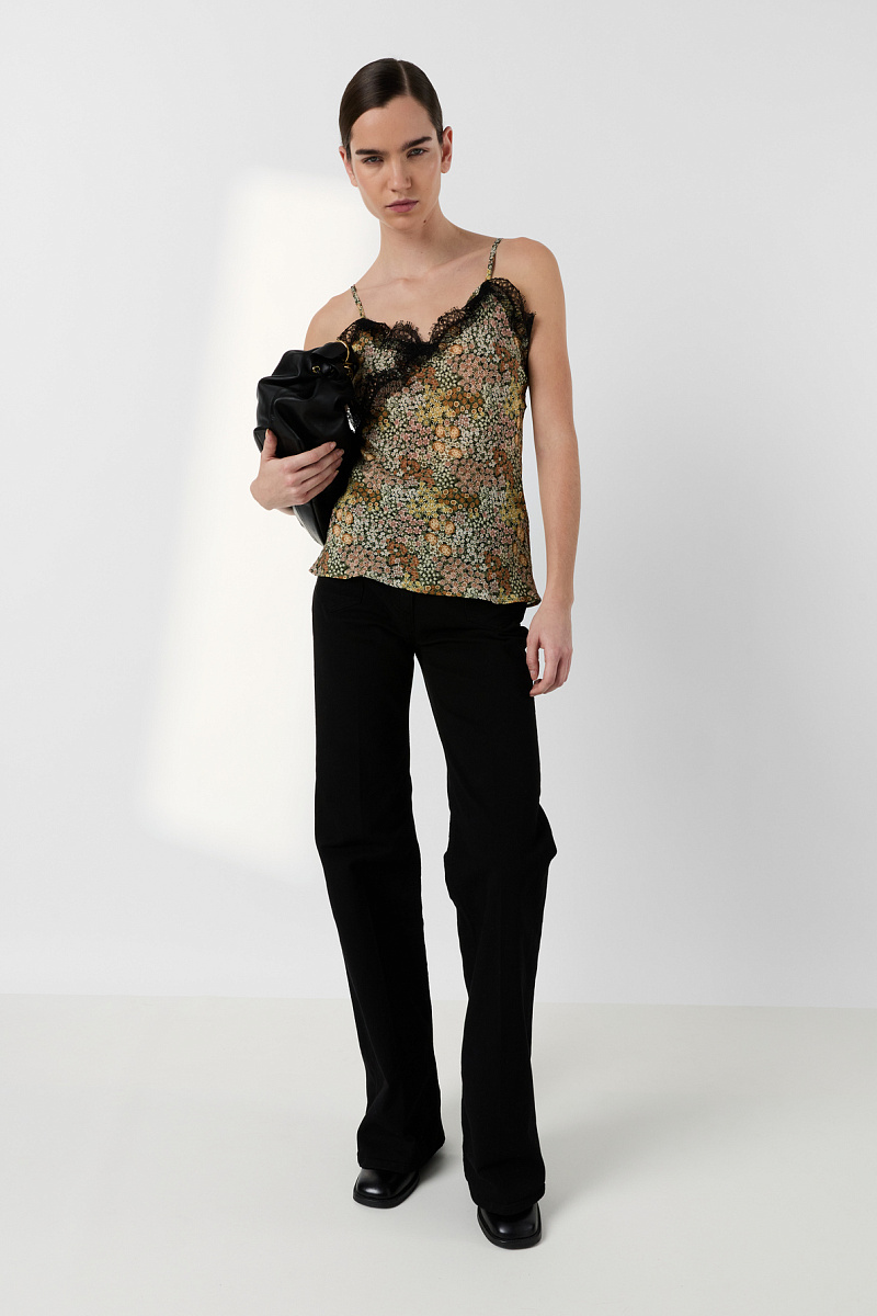 Кружевной топ с тонкими бретелями и цветочным принтом