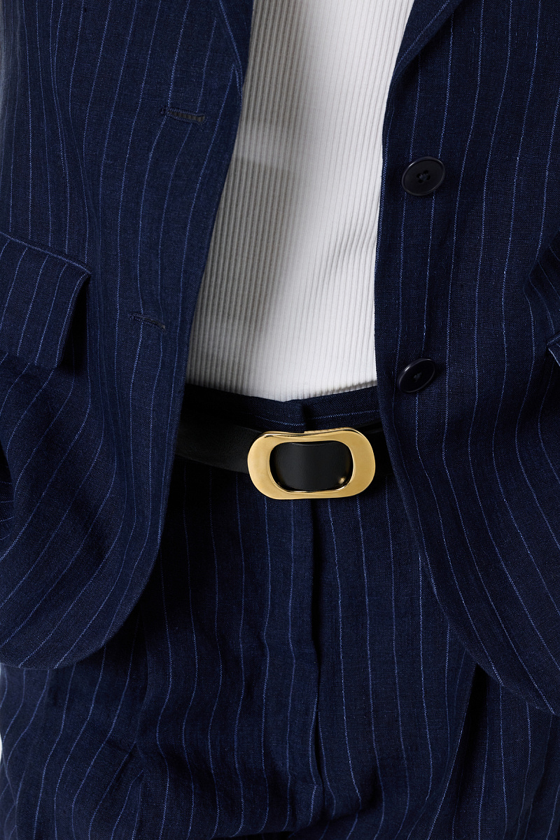 Темно-синий жакет из льна в тонкую вертикальную полоску